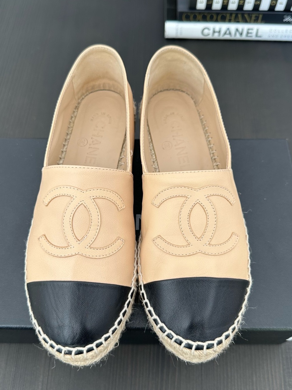 CHANEL Beige and Black Leather Espadrille Flats, Authentic